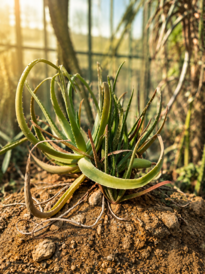 Aloe Vera Pflanze im Gewächshaus mit langen grünen Blättern und natürlichem Wuchs in trockener Erde