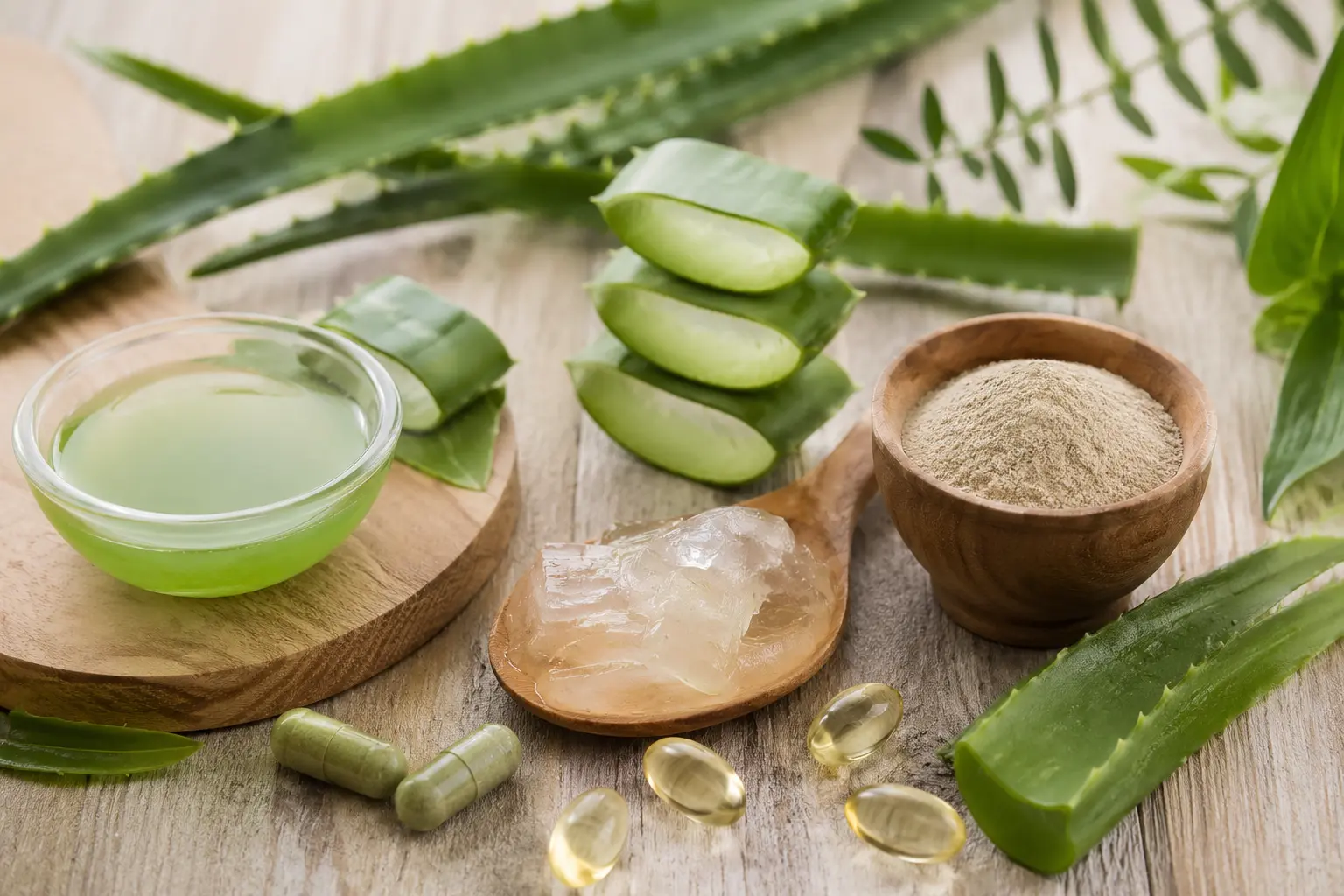 Aloe Vera Blätter, Gel und natürliche Pflanzenstoffe auf einem Holztisch arrangiert