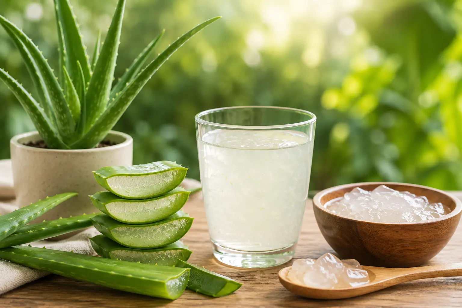 Aloe Vera Pflanze mit Aloe Vera Gel und Aloe Vera Saft auf einem Holztisch