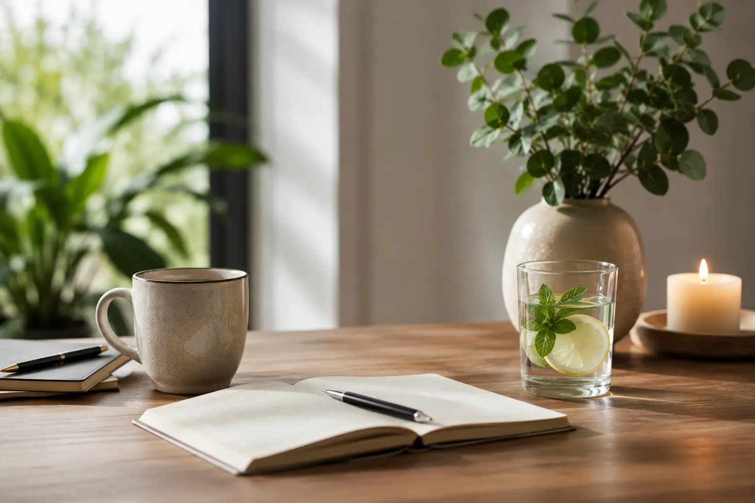 Gemütlicher Arbeitsplatz mit Notizbuch, Wasser, Kerze und Pflanzen als Symbol für Gesundheit und Wohlbefinden im Alltag