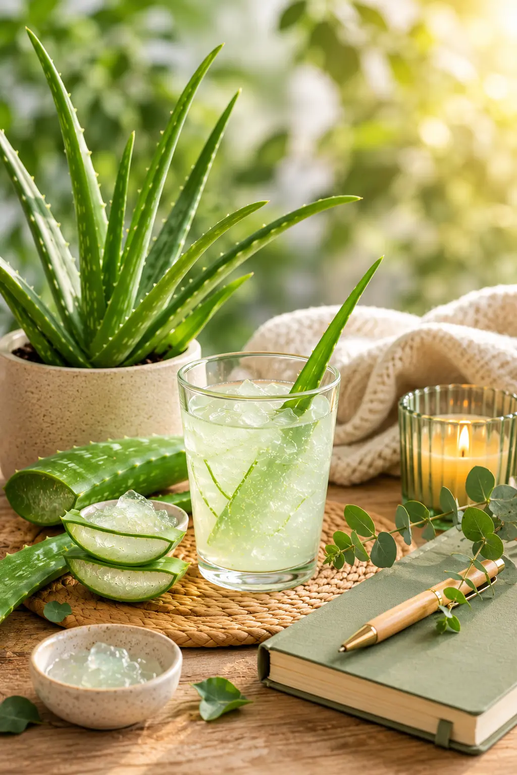 gesundheit-wohlbefinden-alltag-routine_mit_aloe Gemütlicher Arbeitsplatz mit Notizbuch, Wasser, Kerze und Pflanzen als Symbol für Gesundheit und Wohlbefinden im Alltag