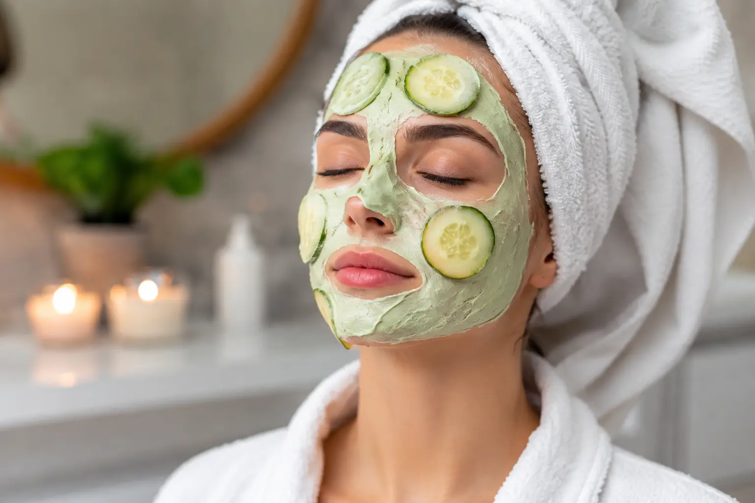 Frau mit selbstgemachter Gurkenmaske im Wellness-Look zur natürlichen Hautpflege